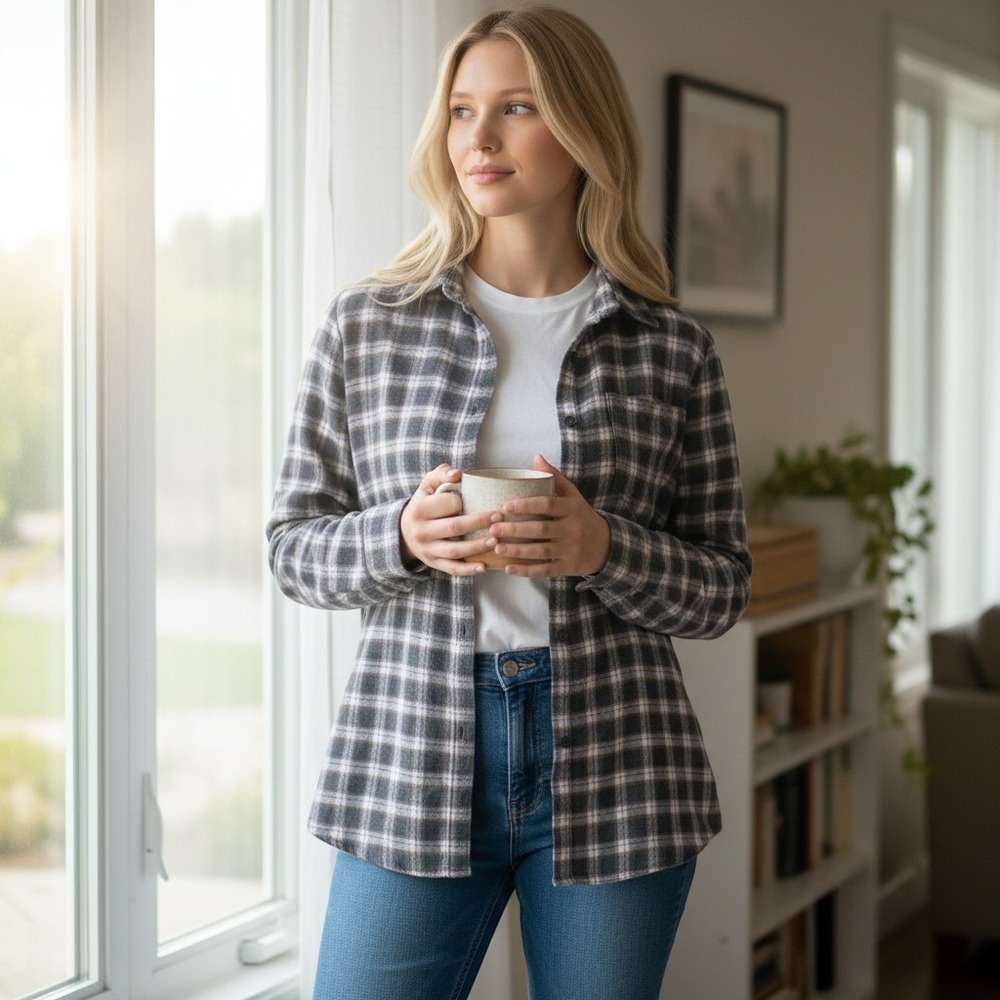 Cotton On Boyfriend Plaid Shirt Addison Check Grey Pink Oversized Flannel M NEW